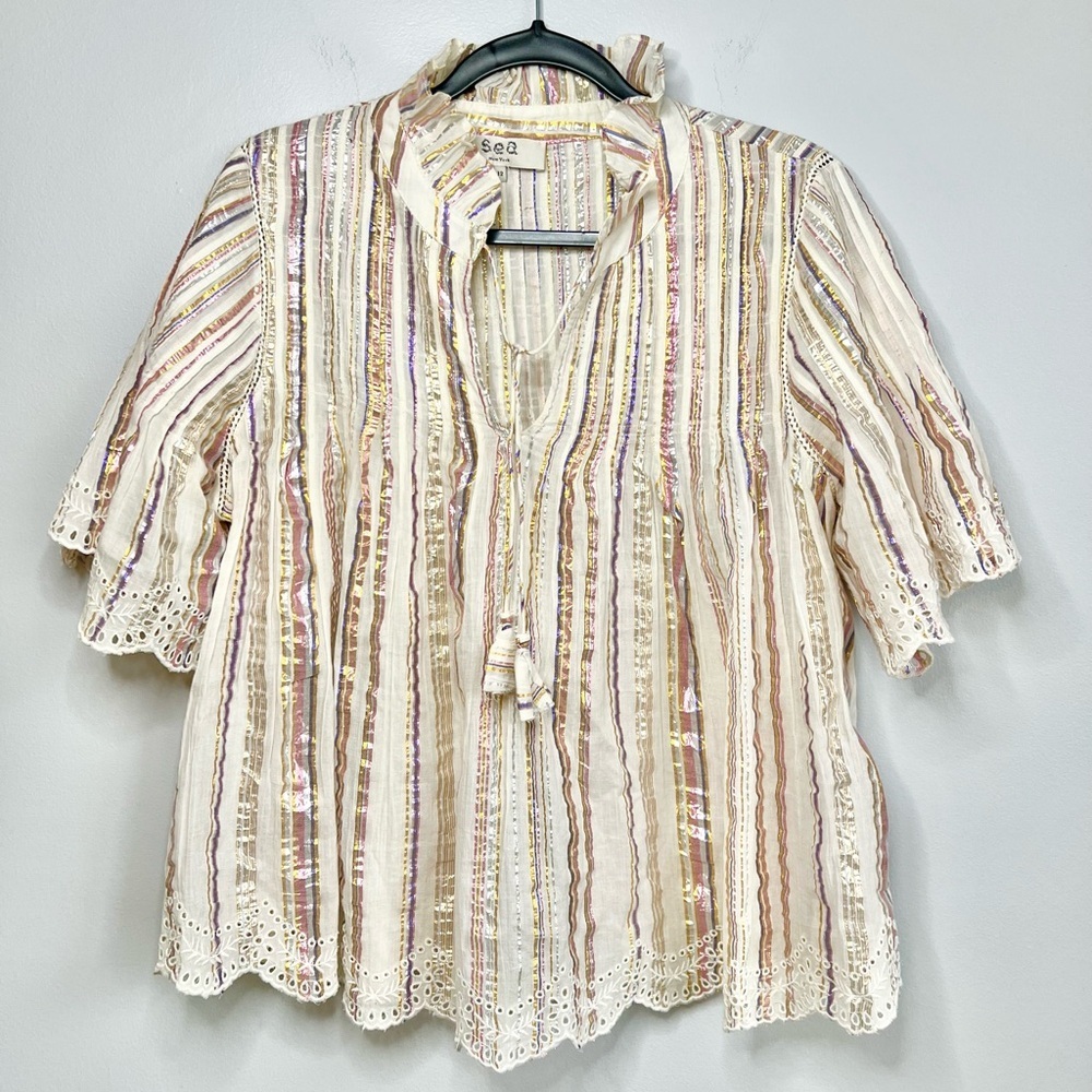 Sea New York Size 12 • Harriet Pintucked White Metallic Stripe Eyelet Blouse Top - Picture 3 of 6
